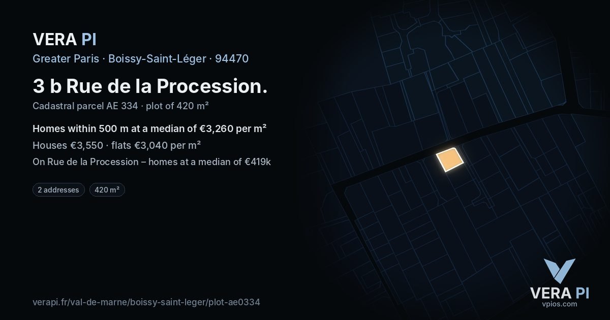 3 b Rue de la Procession, Boissy-Saint-Léger at night – the plot lit, the parcels around coloured by the prices near them