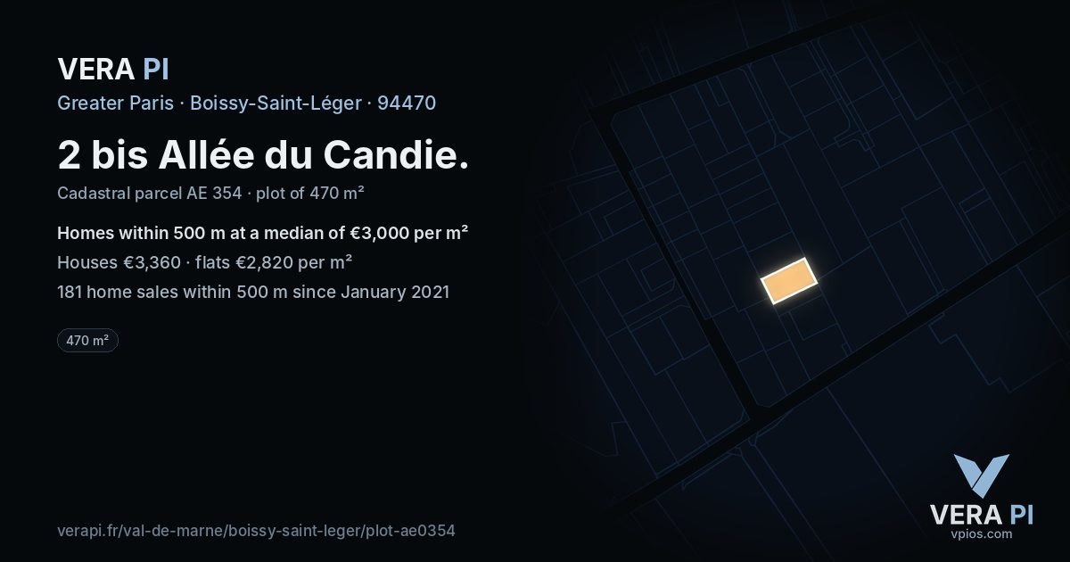 2 bis Allée du Candie, Boissy-Saint-Léger at night – the plot lit, the parcels around coloured by the prices near them
