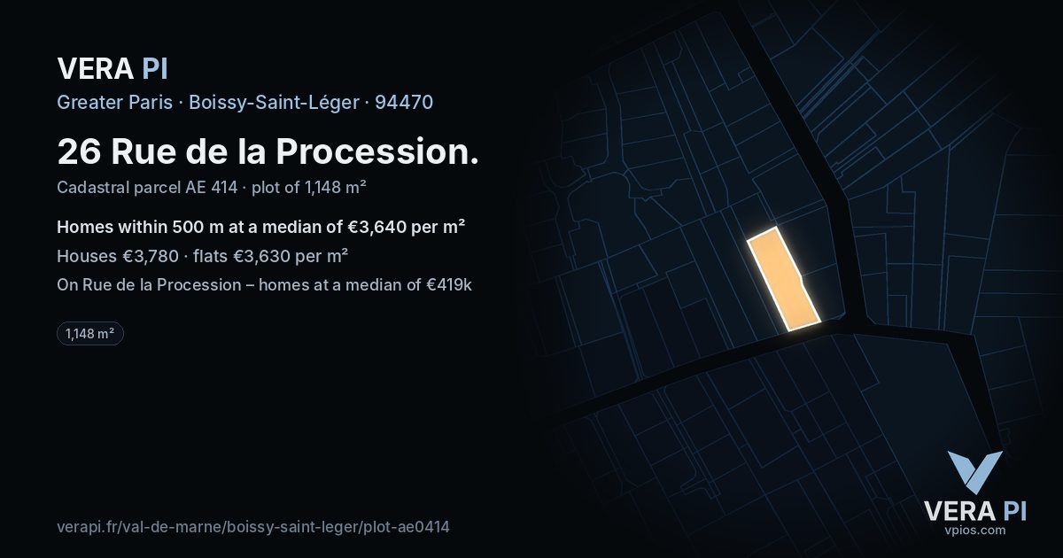 26 Rue de la Procession, Boissy-Saint-Léger at night – the plot lit, the parcels around coloured by the prices near them
