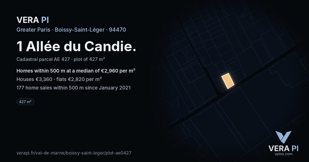 1 Allée du Candie, Boissy-Saint-Léger at night – the plot lit, the parcels around coloured by the prices near them