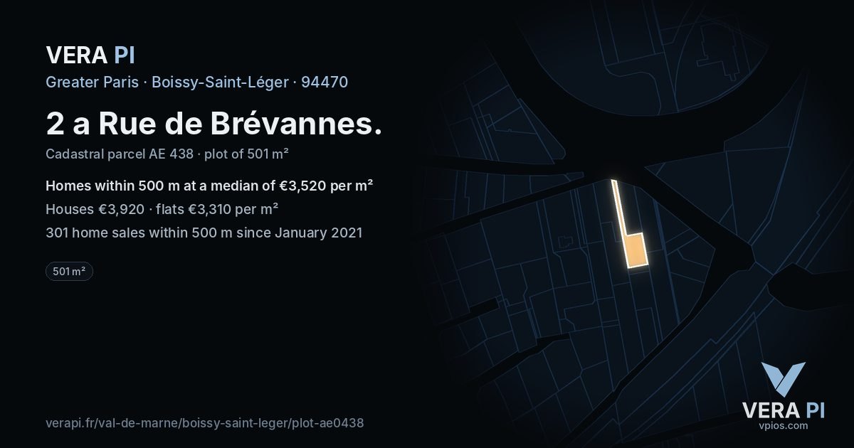 2 a Rue de Brévannes, Boissy-Saint-Léger at night – the plot lit, the parcels around coloured by the prices near them