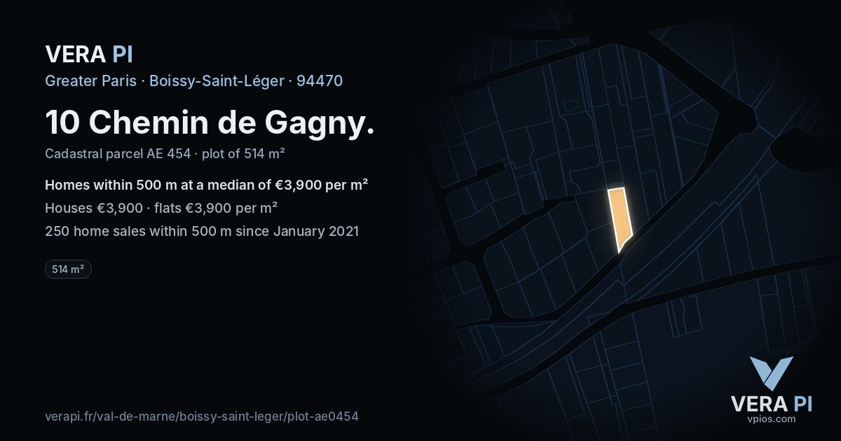 10 Chemin de Gagny, Boissy-Saint-Léger at night – the plot lit, the parcels around coloured by the prices near them