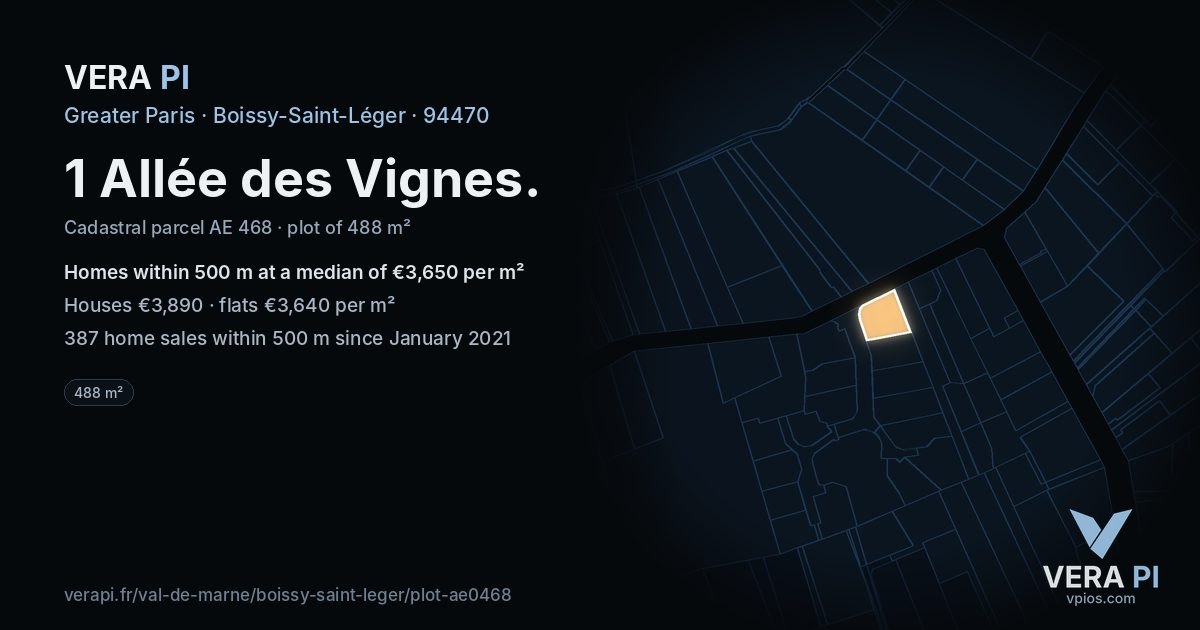 1 Allée des Vignes, Boissy-Saint-Léger at night – the plot lit, the parcels around coloured by the prices near them