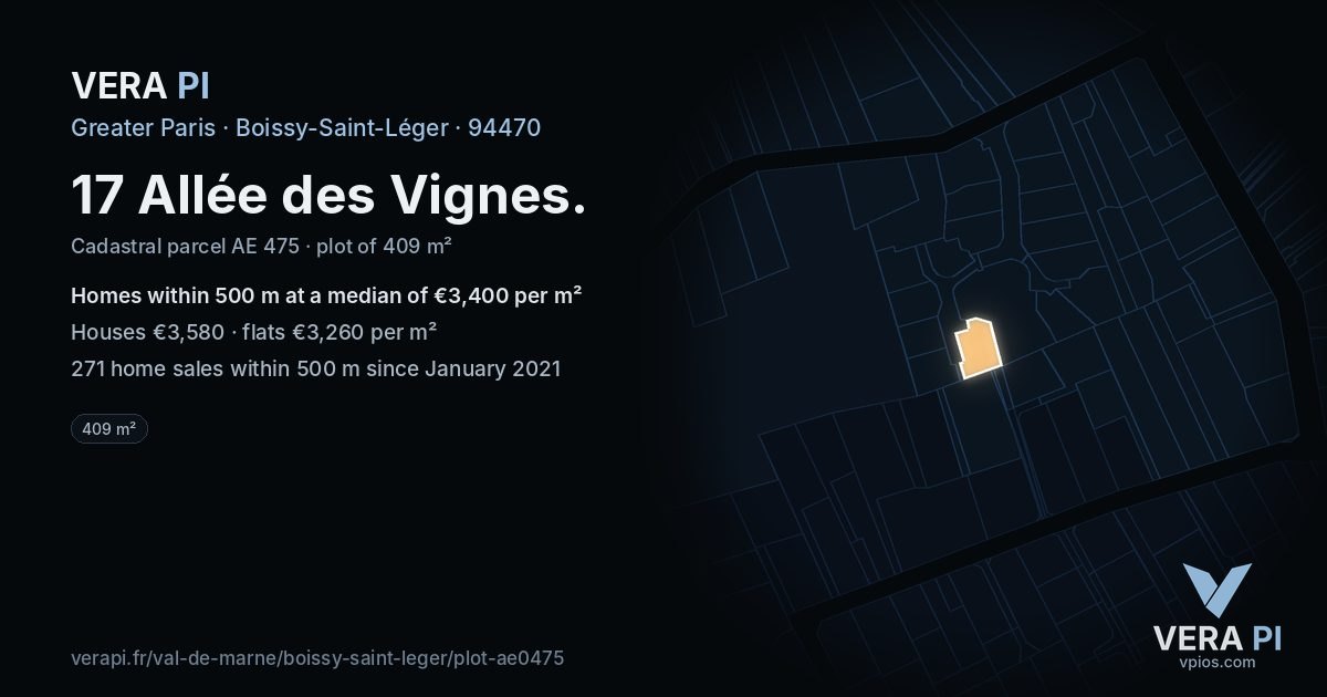 17 Allée des Vignes, Boissy-Saint-Léger at night – the plot lit, the parcels around coloured by the prices near them