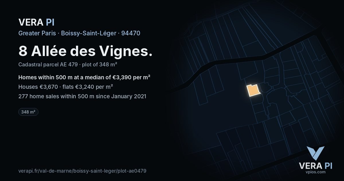 8 Allée des Vignes, Boissy-Saint-Léger at night – the plot lit, the parcels around coloured by the prices near them