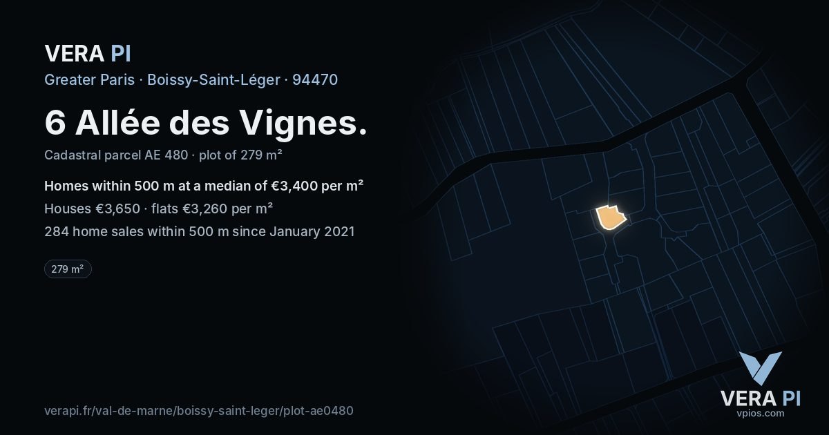 6 Allée des Vignes, Boissy-Saint-Léger at night – the plot lit, the parcels around coloured by the prices near them