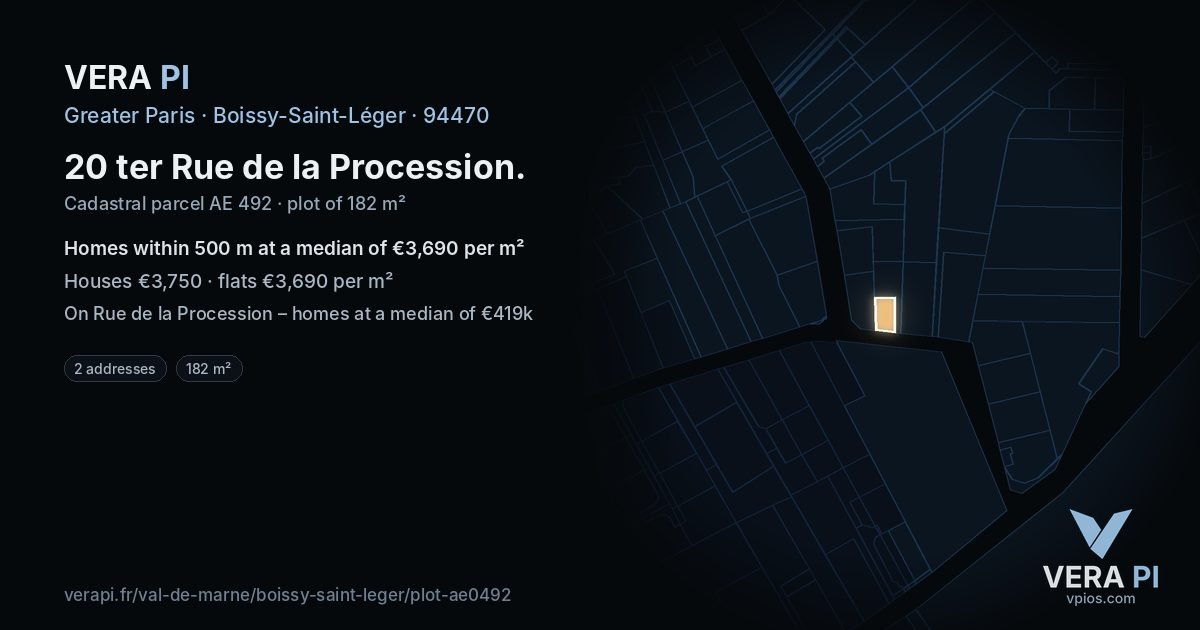 20 ter Rue de la Procession, Boissy-Saint-Léger at night – the plot lit, the parcels around coloured by the prices near them
