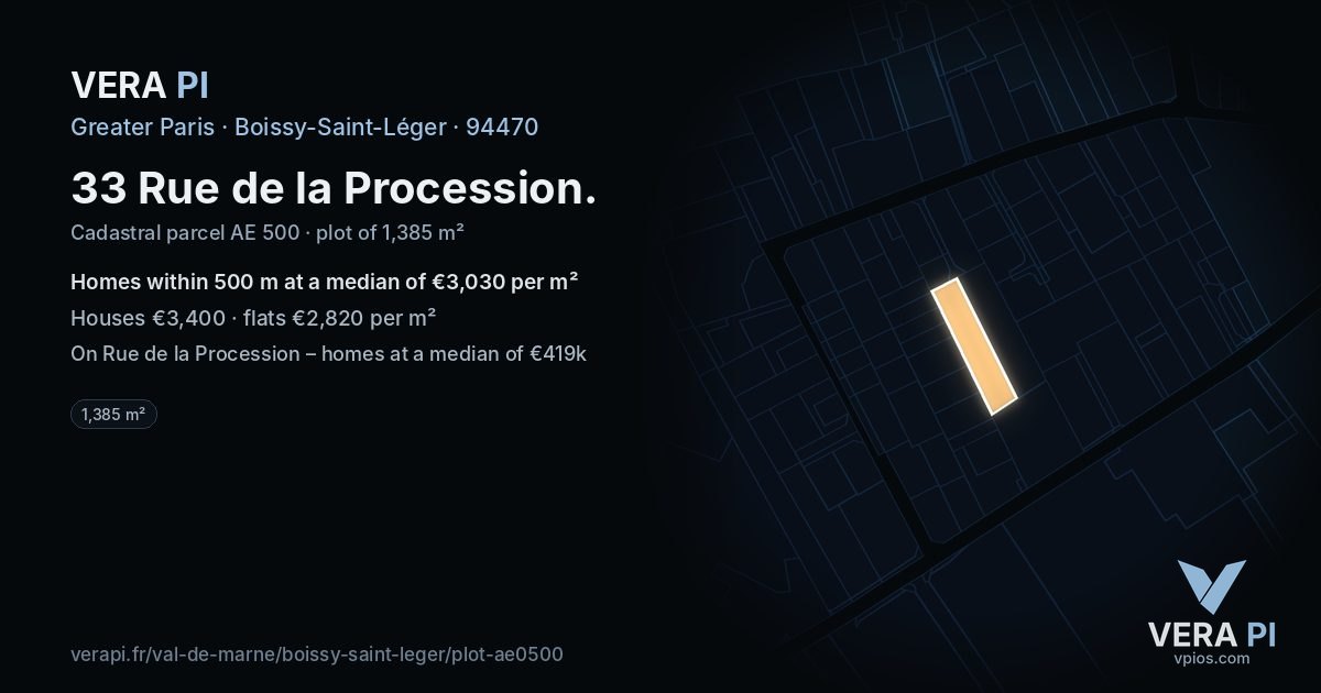 33 Rue de la Procession, Boissy-Saint-Léger at night – the plot lit, the parcels around coloured by the prices near them