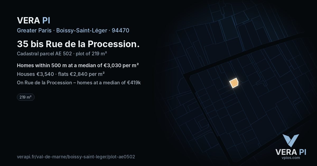 35 bis Rue de la Procession, Boissy-Saint-Léger at night – the plot lit, the parcels around coloured by the prices near them