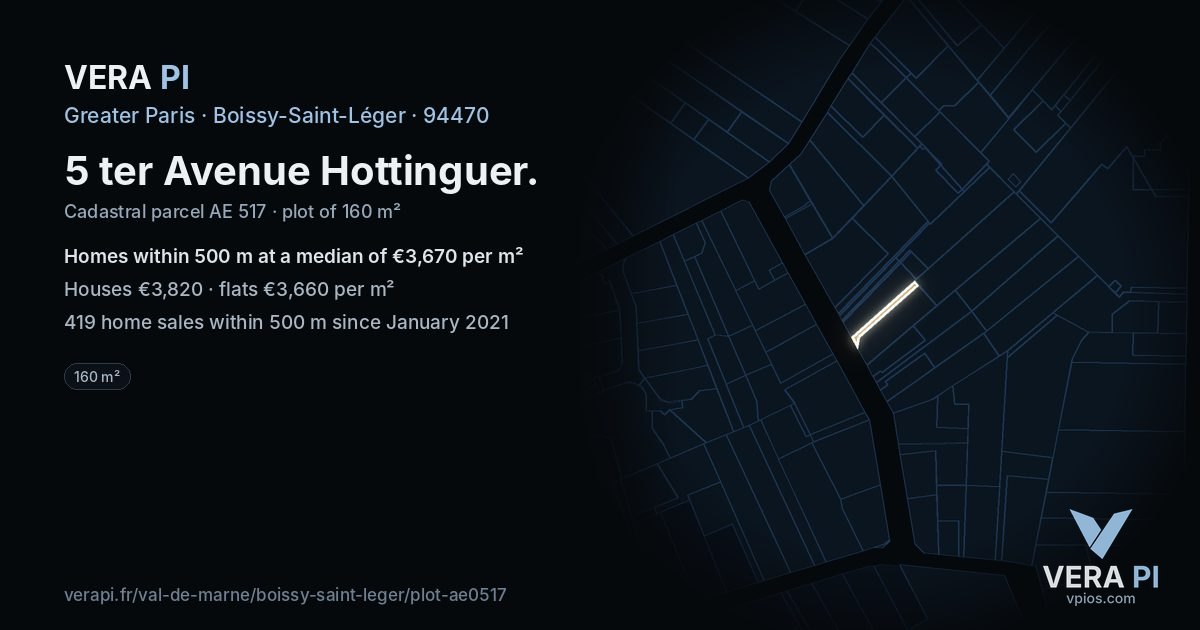 5 ter Avenue Hottinguer, Boissy-Saint-Léger at night – the plot lit, the parcels around coloured by the prices near them