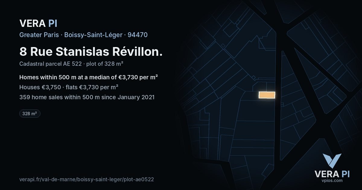 8 Rue Stanislas Révillon, Boissy-Saint-Léger at night – the plot lit, the parcels around coloured by the prices near them