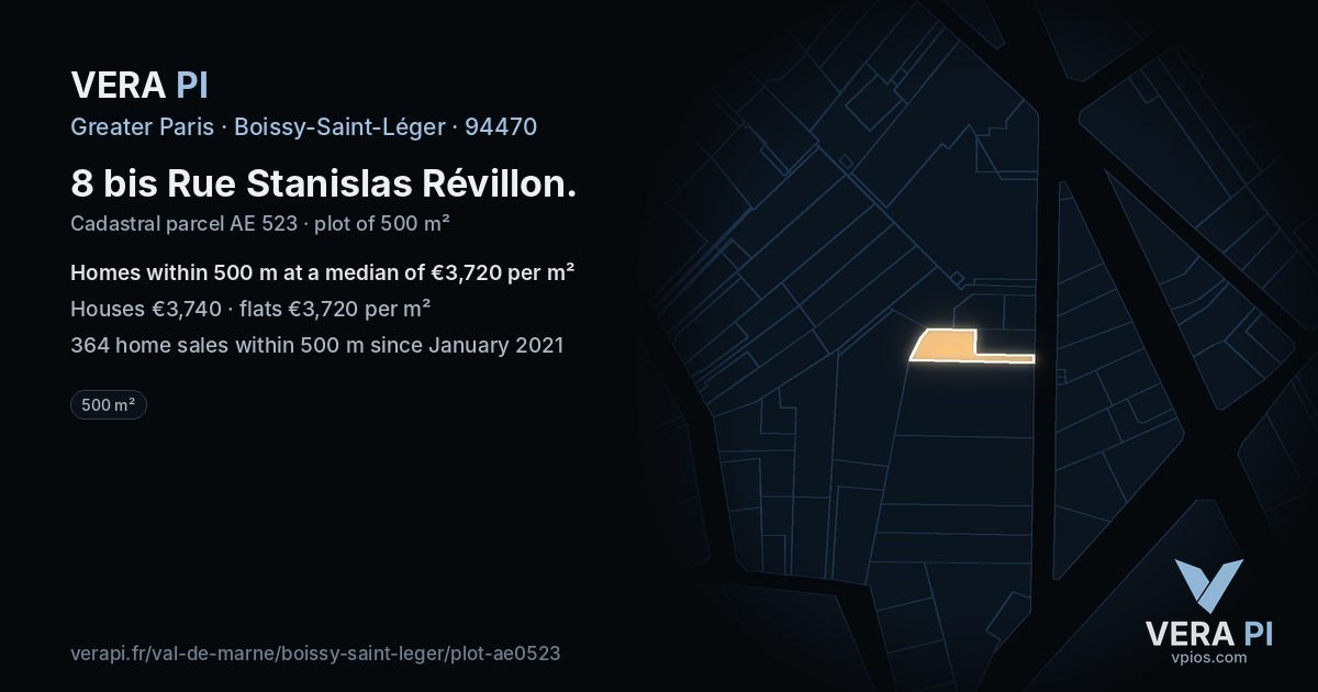 8 bis Rue Stanislas Révillon, Boissy-Saint-Léger at night – the plot lit, the parcels around coloured by the prices near them