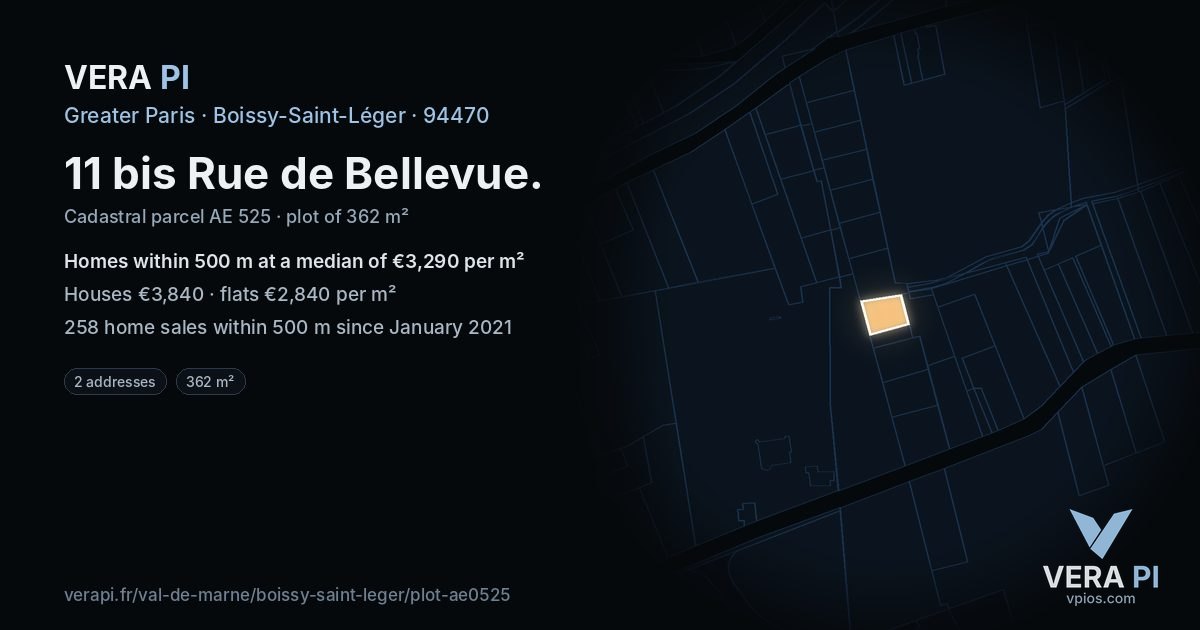 11 bis Rue de Bellevue, Boissy-Saint-Léger at night – the plot lit, the parcels around coloured by the prices near them