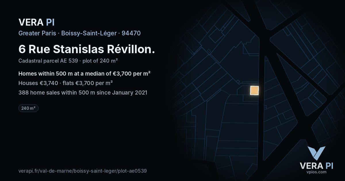 6 Rue Stanislas Révillon, Boissy-Saint-Léger at night – the plot lit, the parcels around coloured by the prices near them