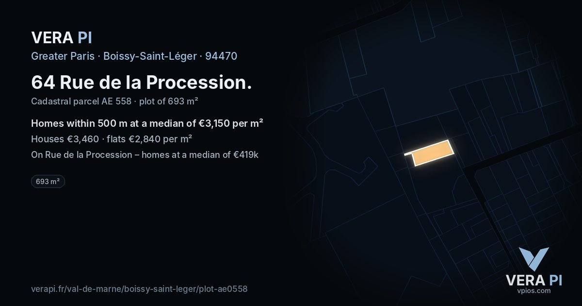 64 Rue de la Procession, Boissy-Saint-Léger at night – the plot lit, the parcels around coloured by the prices near them