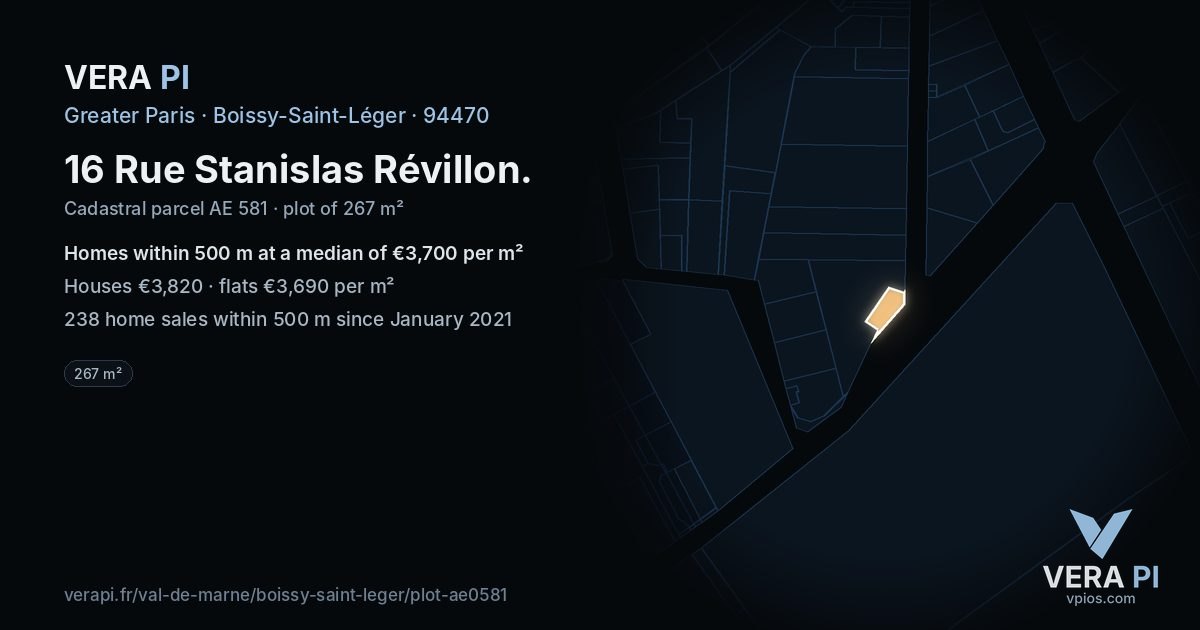 16 Rue Stanislas Révillon, Boissy-Saint-Léger at night – the plot lit, the parcels around coloured by the prices near them