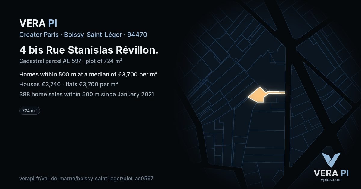 4 bis Rue Stanislas Révillon, Boissy-Saint-Léger at night – the plot lit, the parcels around coloured by the prices near them