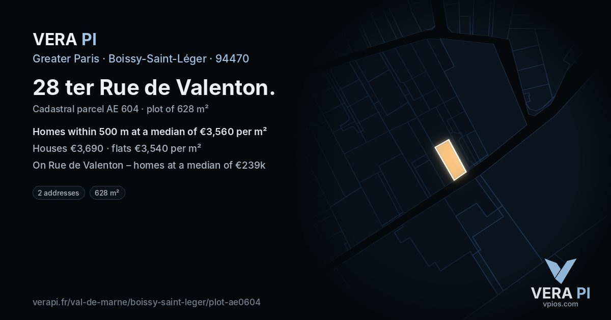 28 ter Rue de Valenton, Boissy-Saint-Léger at night – the plot lit, the parcels around coloured by the prices near them