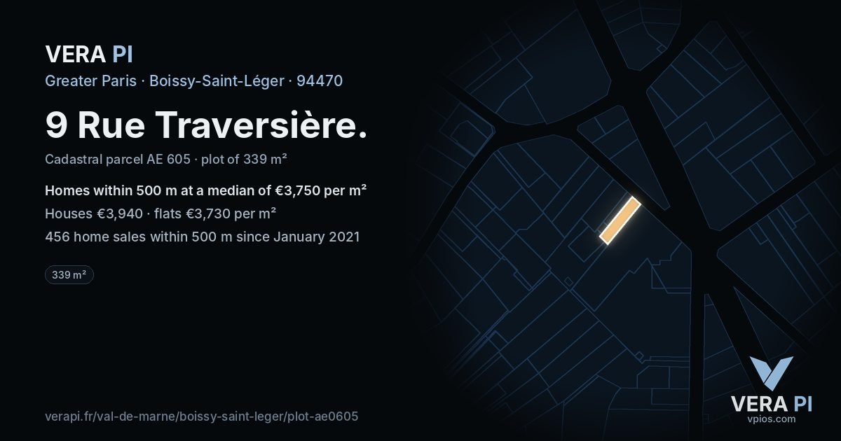 9 Rue Traversière, Boissy-Saint-Léger at night – the plot lit, the parcels around coloured by the prices near them