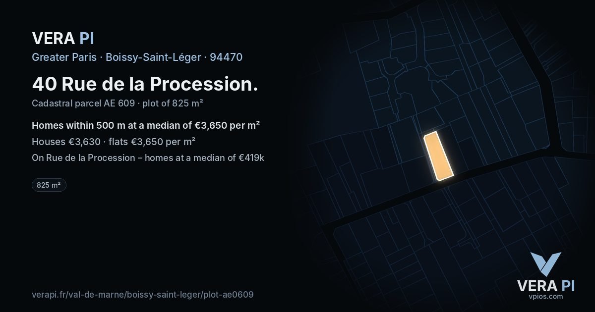 40 Rue de la Procession, Boissy-Saint-Léger at night – the plot lit, the parcels around coloured by the prices near them