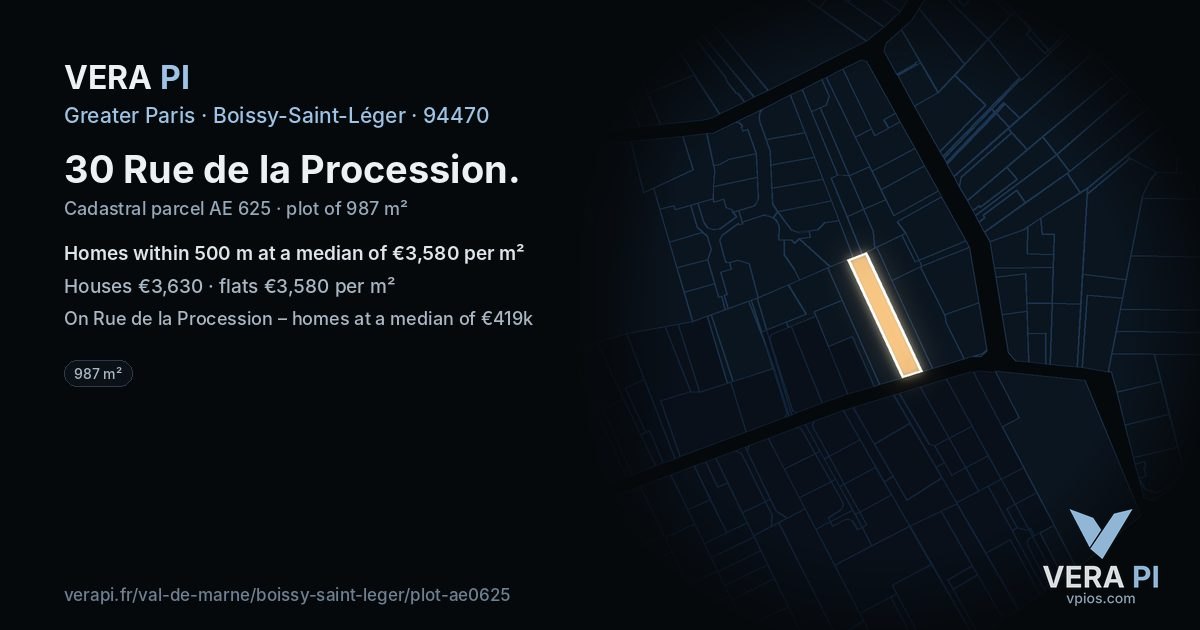 30 Rue de la Procession, Boissy-Saint-Léger at night – the plot lit, the parcels around coloured by the prices near them