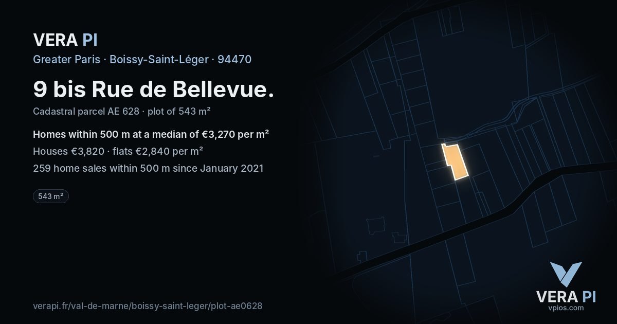 9 bis Rue de Bellevue, Boissy-Saint-Léger at night – the plot lit, the parcels around coloured by the prices near them