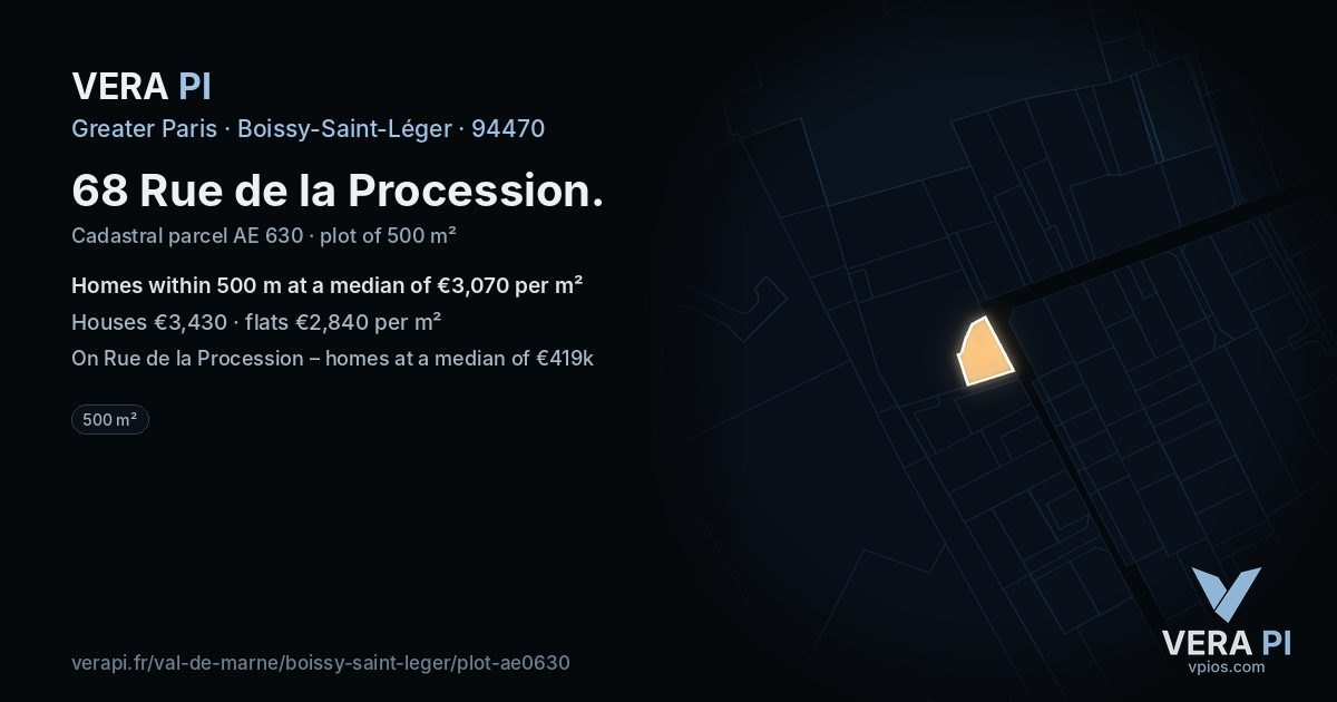 68 Rue de la Procession, Boissy-Saint-Léger at night – the plot lit, the parcels around coloured by the prices near them