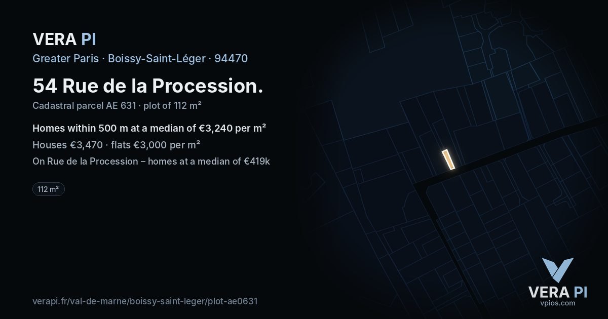 54 Rue de la Procession, Boissy-Saint-Léger at night – the plot lit, the parcels around coloured by the prices near them