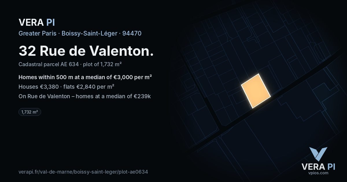 32 Rue de Valenton, Boissy-Saint-Léger at night – the plot lit, the parcels around coloured by the prices near them