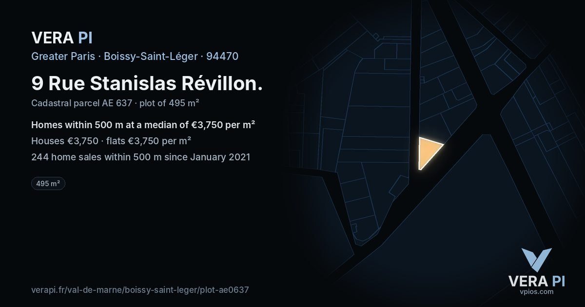 9 Rue Stanislas Révillon, Boissy-Saint-Léger at night – the plot lit, the parcels around coloured by the prices near them