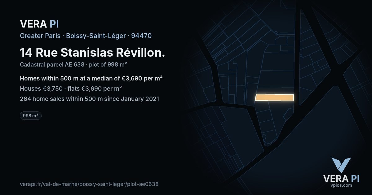14 Rue Stanislas Révillon, Boissy-Saint-Léger at night – the plot lit, the parcels around coloured by the prices near them