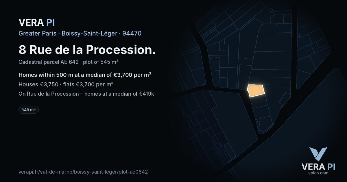 8 Rue de la Procession, Boissy-Saint-Léger at night – the plot lit, the parcels around coloured by the prices near them