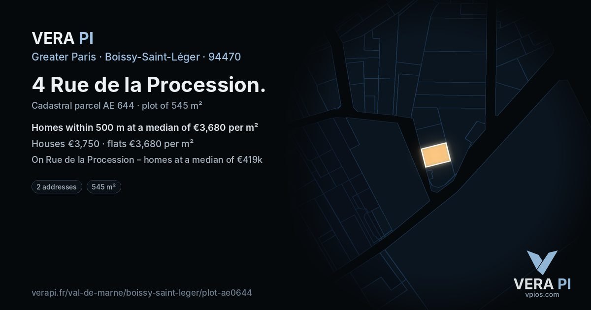 4 Rue de la Procession, Boissy-Saint-Léger at night – the plot lit, the parcels around coloured by the prices near them