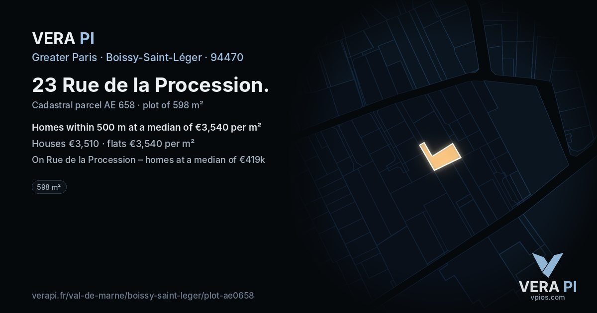 23 Rue de la Procession, Boissy-Saint-Léger at night – the plot lit, the parcels around coloured by the prices near them