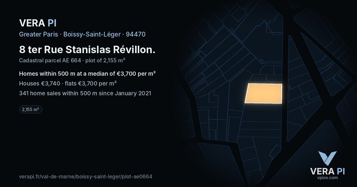 8 ter Rue Stanislas Révillon, Boissy-Saint-Léger at night – the plot lit, the parcels around coloured by the prices near them