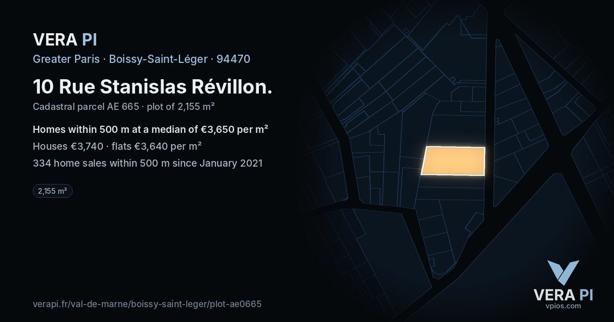 10 Rue Stanislas Révillon, Boissy-Saint-Léger at night – the plot lit, the parcels around coloured by the prices near them