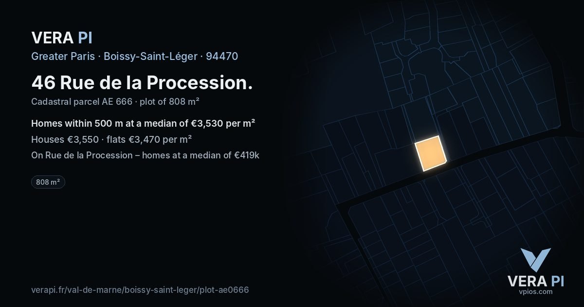 46 Rue de la Procession, Boissy-Saint-Léger at night – the plot lit, the parcels around coloured by the prices near them