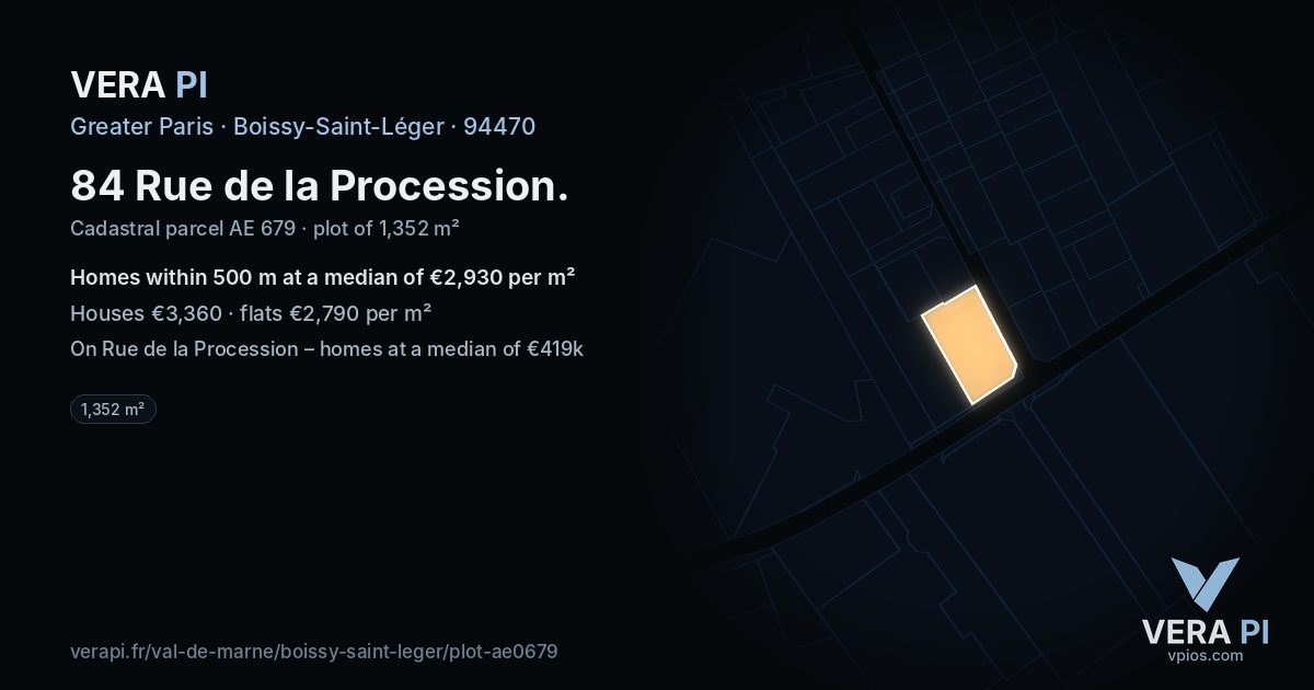 84 Rue de la Procession, Boissy-Saint-Léger at night – the plot lit, the parcels around coloured by the prices near them