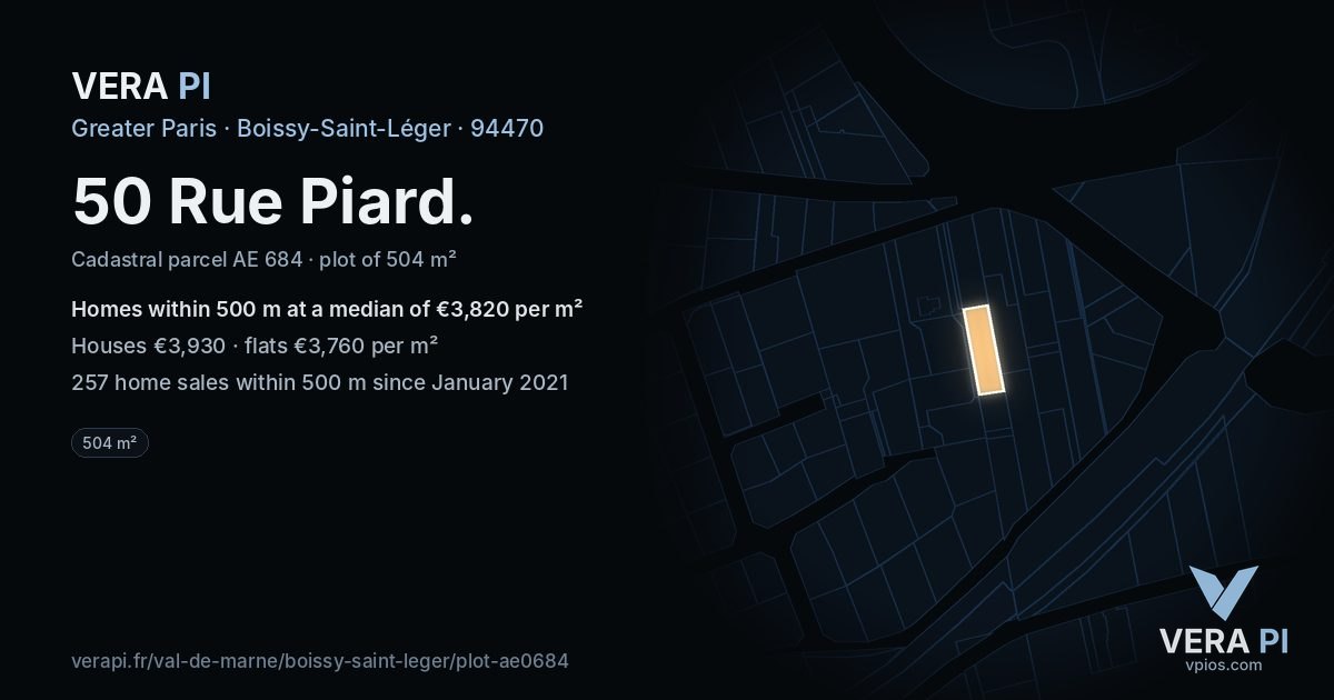 50 Rue Piard, Boissy-Saint-Léger at night – the plot lit, the parcels around coloured by the prices near them