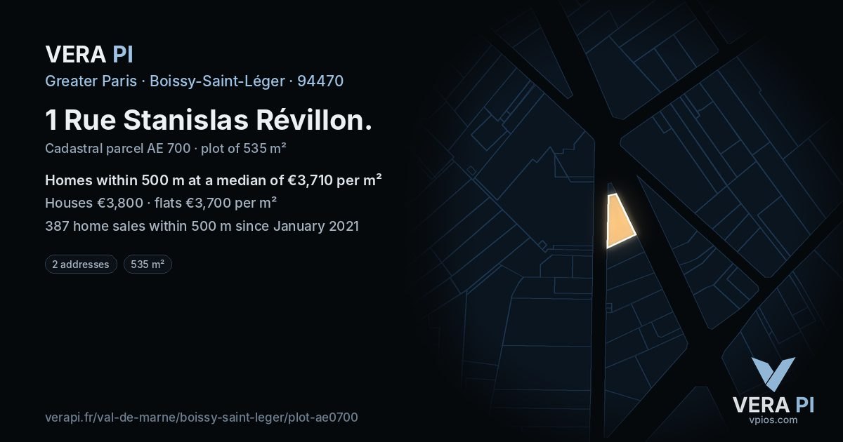 1 Rue Stanislas Révillon, Boissy-Saint-Léger at night – the plot lit, the parcels around coloured by the prices near them