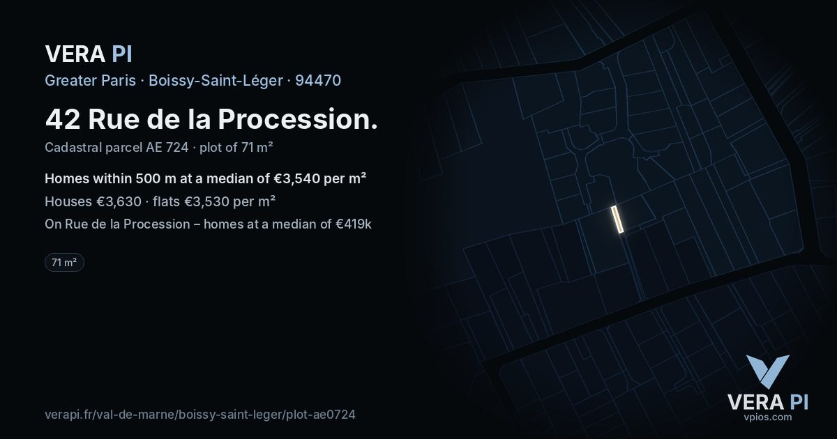 42 Rue de la Procession, Boissy-Saint-Léger at night – the plot lit, the parcels around coloured by the prices near them