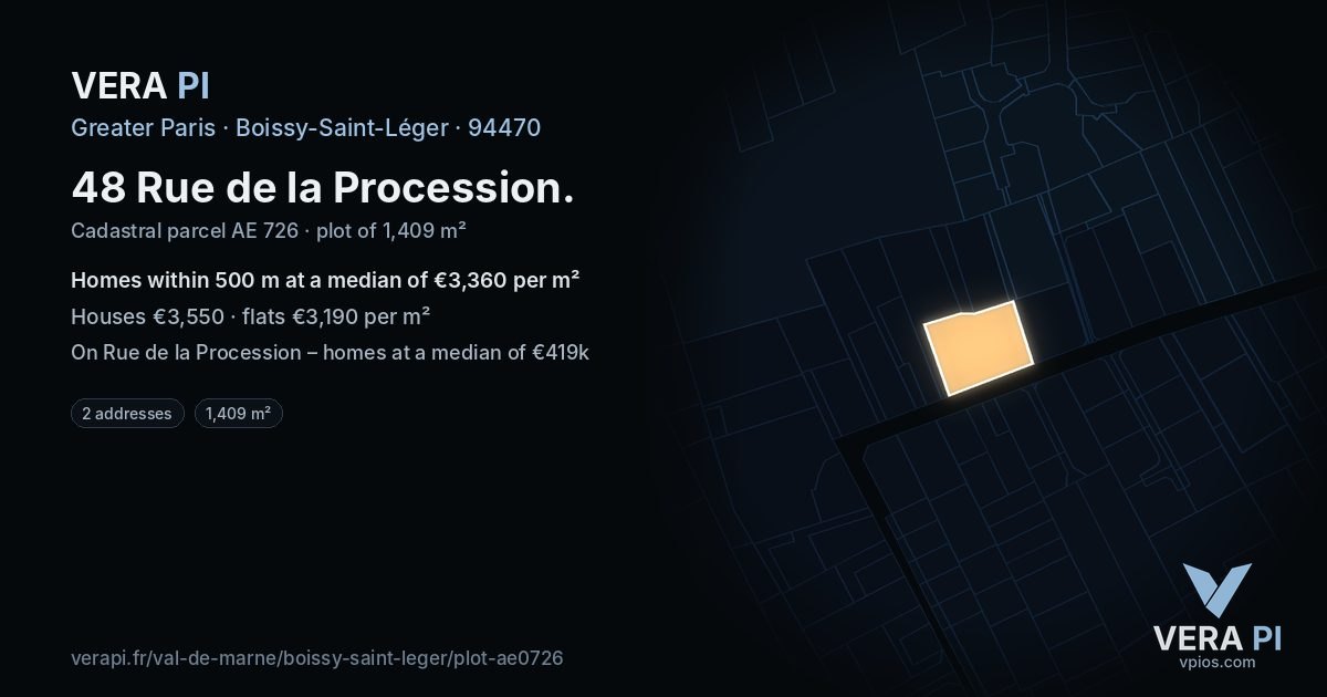48 Rue de la Procession, Boissy-Saint-Léger at night – the plot lit, the parcels around coloured by the prices near them