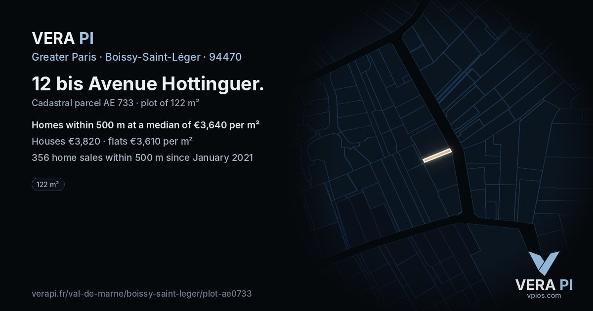 12 bis Avenue Hottinguer, Boissy-Saint-Léger at night – the plot lit, the parcels around coloured by the prices near them