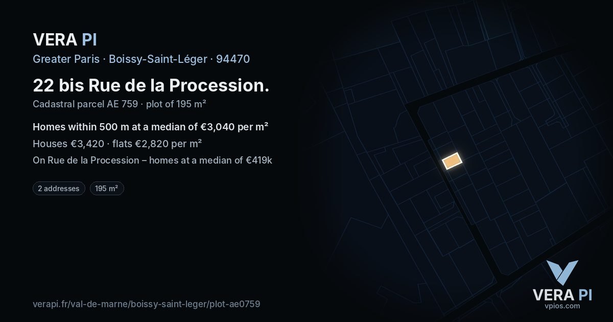 22 bis Rue de la Procession, Boissy-Saint-Léger at night – the plot lit, the parcels around coloured by the prices near them