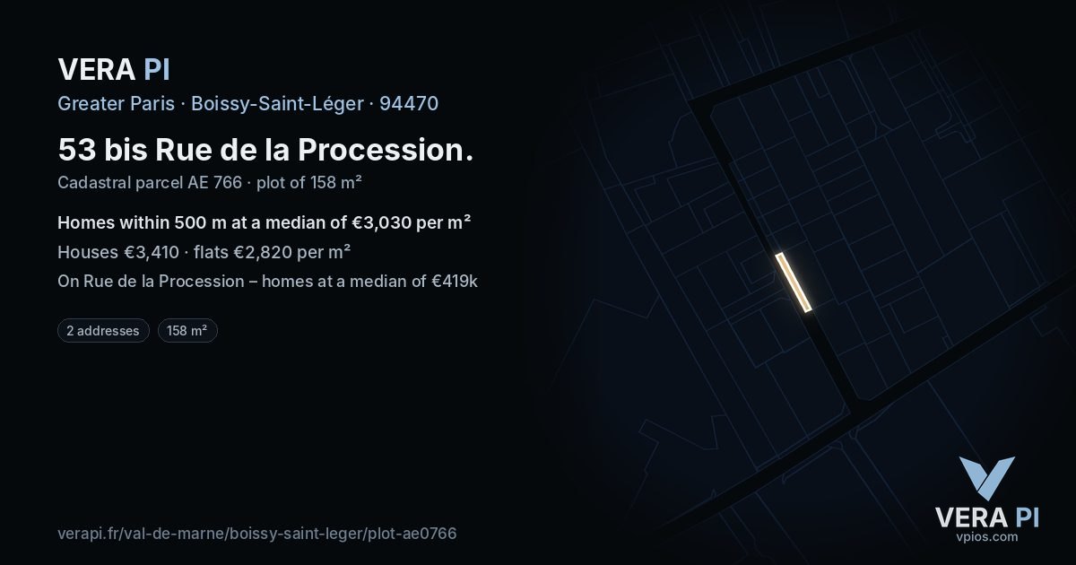 53 bis Rue de la Procession, Boissy-Saint-Léger at night – the plot lit, the parcels around coloured by the prices near them