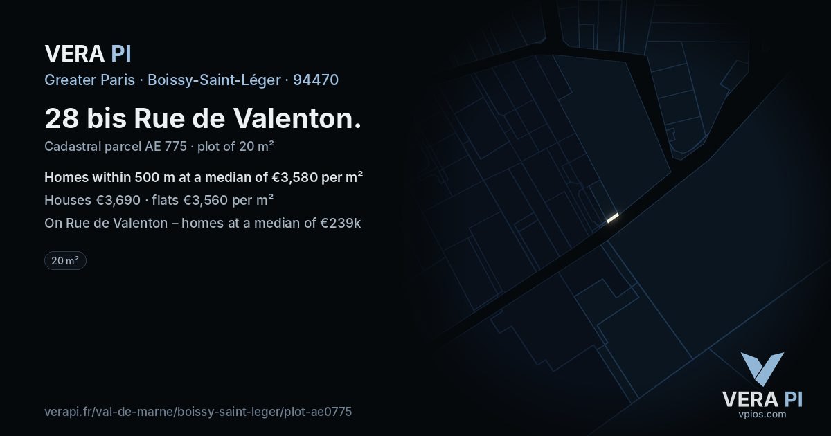 28 bis Rue de Valenton, Boissy-Saint-Léger at night – the plot lit, the parcels around coloured by the prices near them