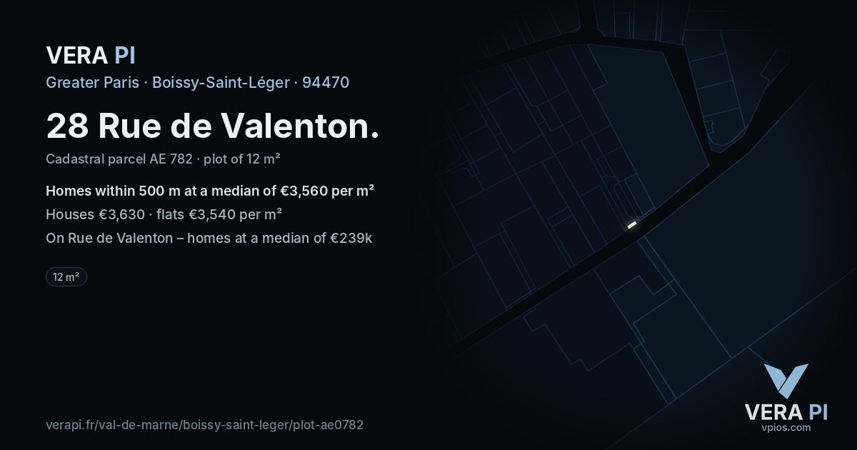 28 Rue de Valenton, Boissy-Saint-Léger at night – the plot lit, the parcels around coloured by the prices near them