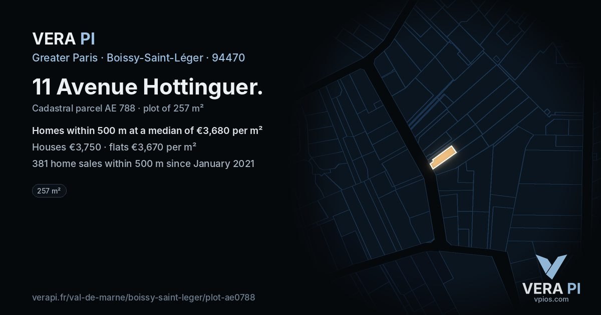 11 Avenue Hottinguer, Boissy-Saint-Léger at night – the plot lit, the parcels around coloured by the prices near them