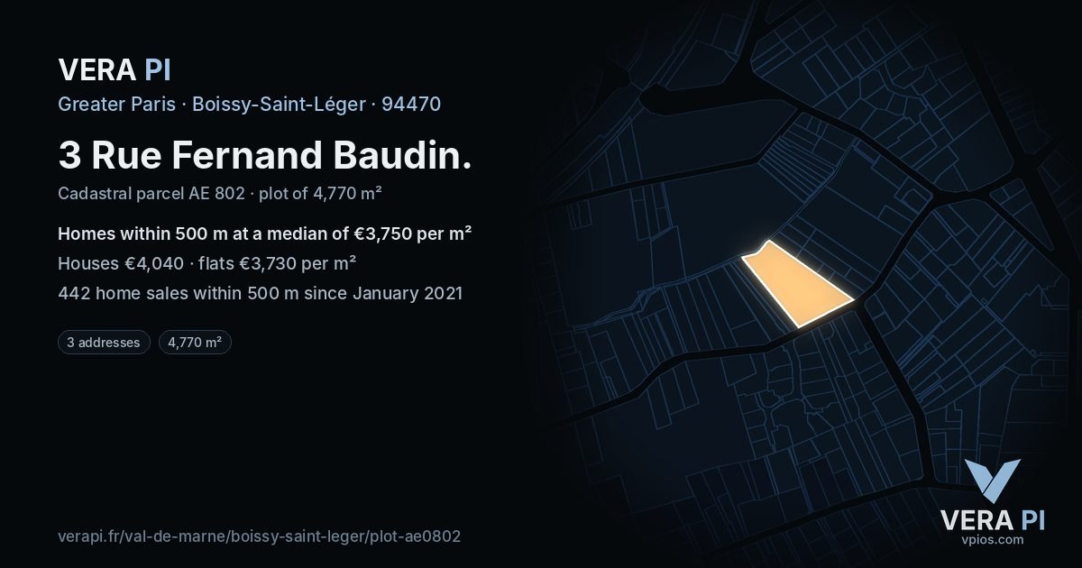 3 Rue Fernand Baudin, Boissy-Saint-Léger at night – the plot lit, the parcels around coloured by the prices near them