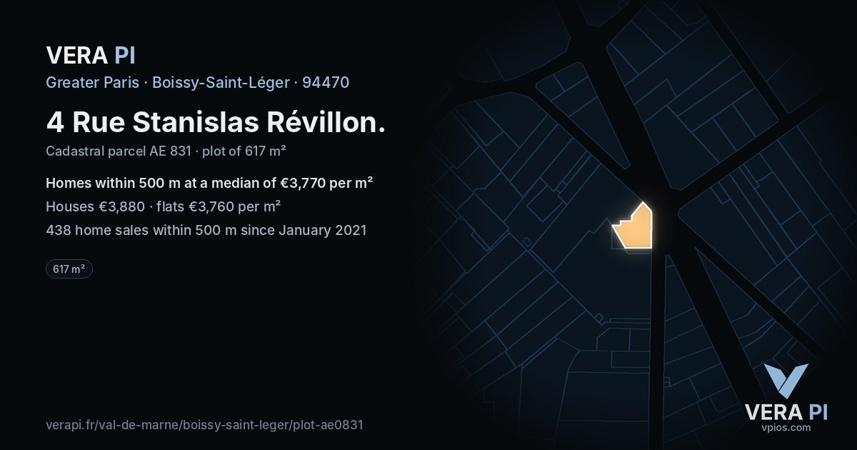 4 Rue Stanislas Révillon, Boissy-Saint-Léger at night – the plot lit, the parcels around coloured by the prices near them